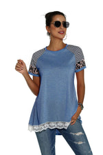 Lace Trim Leopard Print Patchwork Wholesale T-shirt Blouses Casual Tunic Tops
