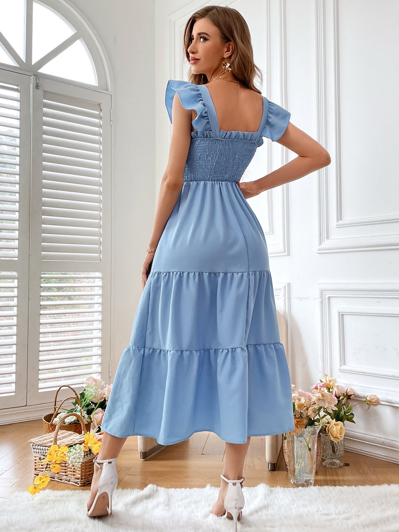 Solid Color Large Swing Square Neck Suspenders Pleated Mosaic Dress Wholesale Dresses