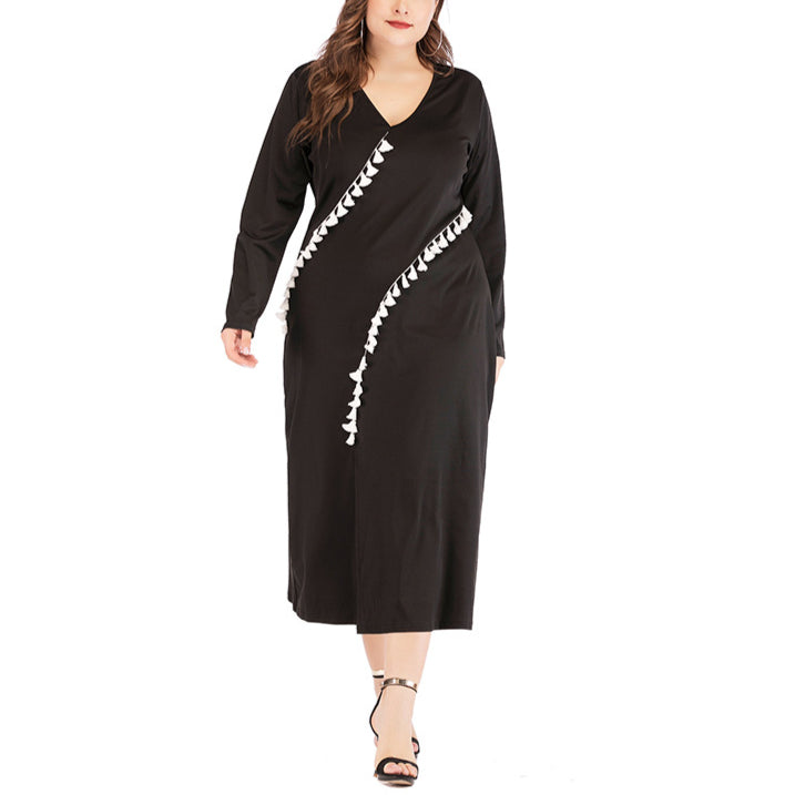 Wholesale Plus Size Women Clothing V-Neck Long-Sleeve Stitching Tassel Casual Commuter A-Line Dress