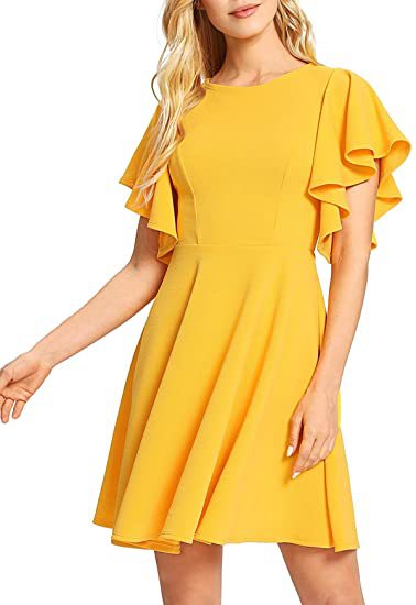 Solid Color Round Neck Lotus Leaf Sleeve Swing Dress Elegant Wholesale Dresses Business Casual Women