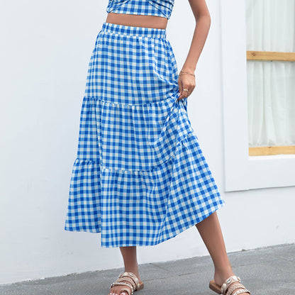 Casual Plaid Tiered Midi Skirt Loose High Waist Wholesale Clothing Vendors