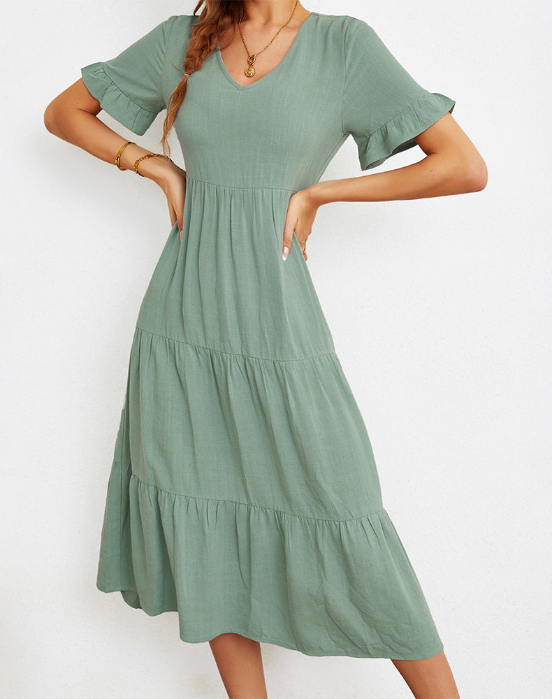 Fashion Loose V-Neck Swing Dress Solid Color Short Sleeve Wholesale Dresses