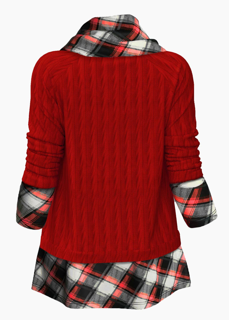 Fashion Pile Collar Plaid Splicing Knit Pullover Loose Long Sleeve Sweater Wholesale