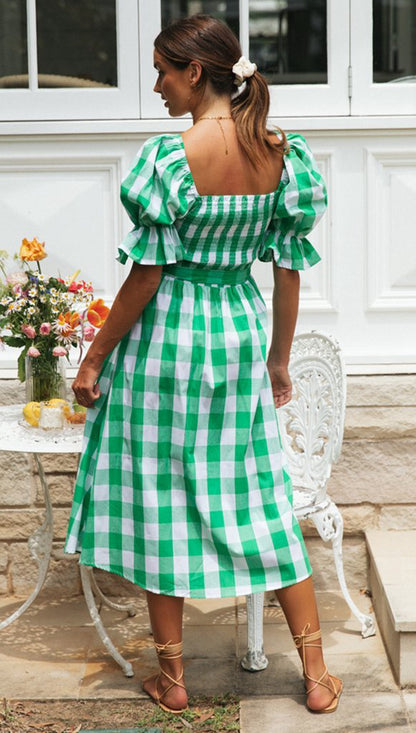 Gingham Square Neck Midi Wholesale Dresses For St. Patrick'S Day