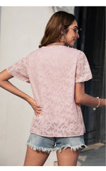 Fashion Chiffon Jacquard V-Neck Top Short Sleeve Solid Color Womens T Shirts Wholesale