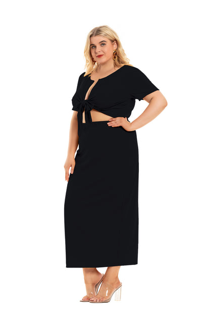 Women Fashion Short Sleeve Hollow Out Knotted Crop Tops Black Wholesale Plus Size Two Piece Sets