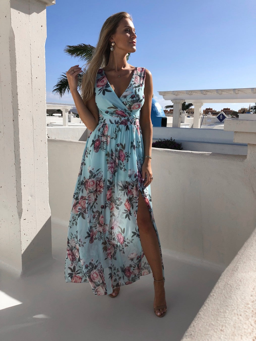 Vacation Sleeveless Chiffon Slit Flowy Floral Dress Wholesale Maxi Dresses