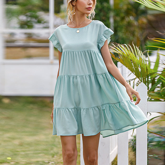 Lotus Leaf Sleeve Solid Color O-Neck Loose Smocked Dress Wholesale Dresses