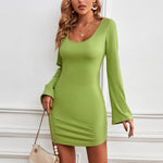 Sexy Flared Sleeves U-Neck Knitted Bodycon Dress Wholesale Dresses