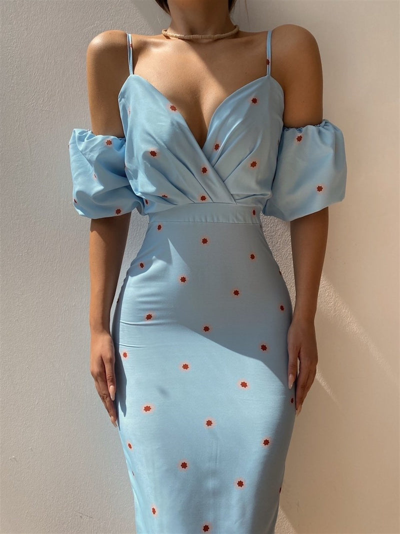 Sexy Low-Cut Print Suspender Dress Slim Midi Wholesale Dresses
