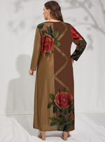 Retro Color Matching Print Maxi Dress Loose Long Sleeve Plus Size Wholesale Dresses