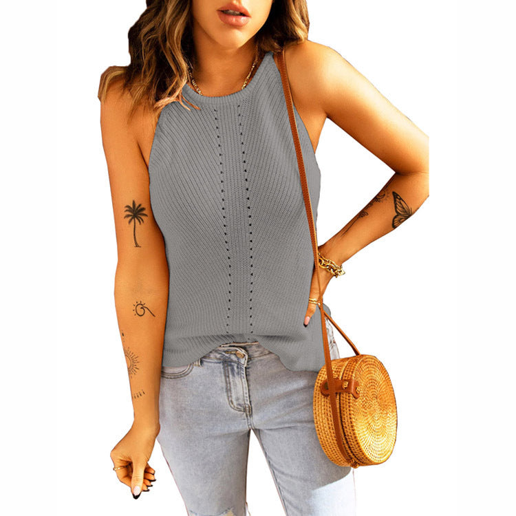Solid Color Sleeveless Hollow Casual Knit Loose Womens Vests Wholesale Tank Tops