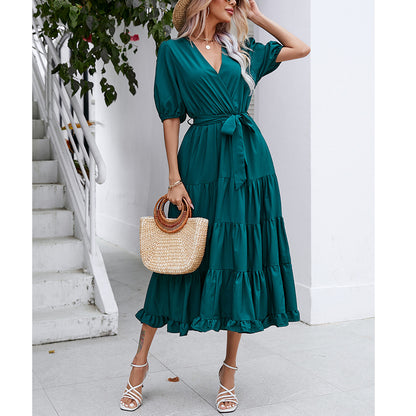 Elegant Casual Fashion V-Neck Holiday Long Smocked Dress Wholesale Dresses