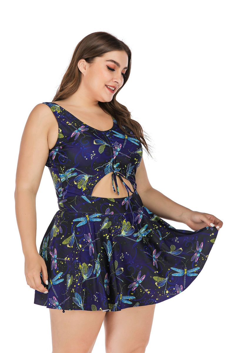 Drawstring Printed Cutout One-Piece Curve Swimwear Dress Halterneck Womens Plus Size Swimsuits Vendors Wholesale
