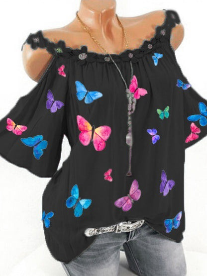 Butterfly Print Strap Lace Collar Wholesale T Shirts Loose Off Shoulder Womens Tops