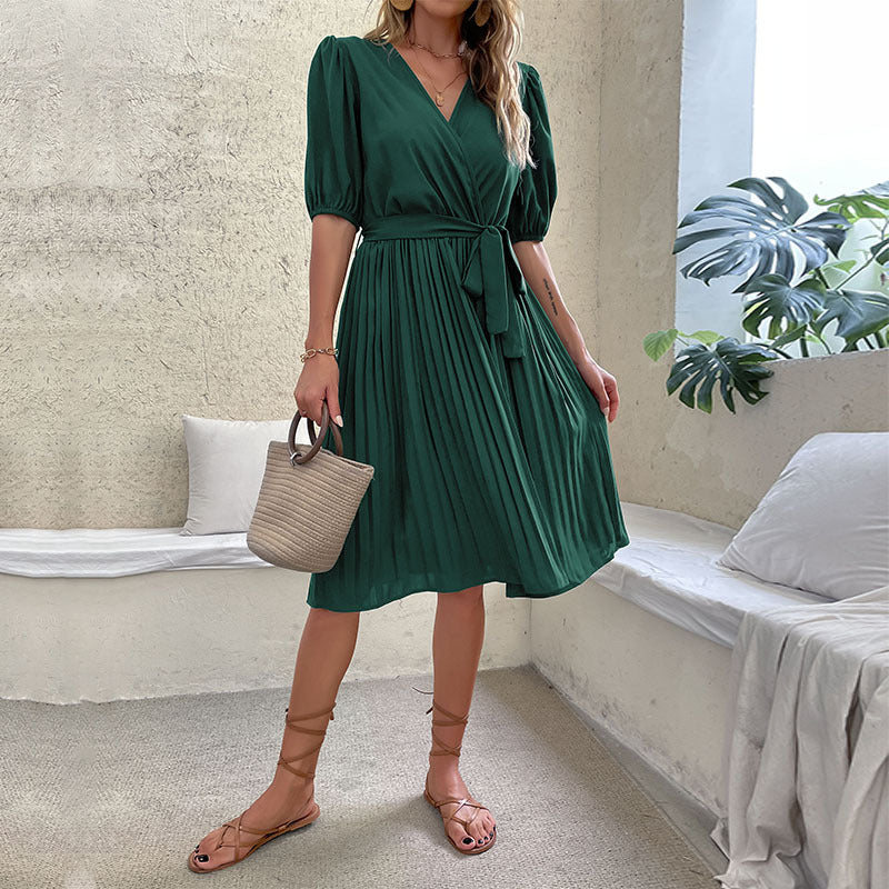 Tie-Up V Neck Pleated Dress Wholesale Dresse