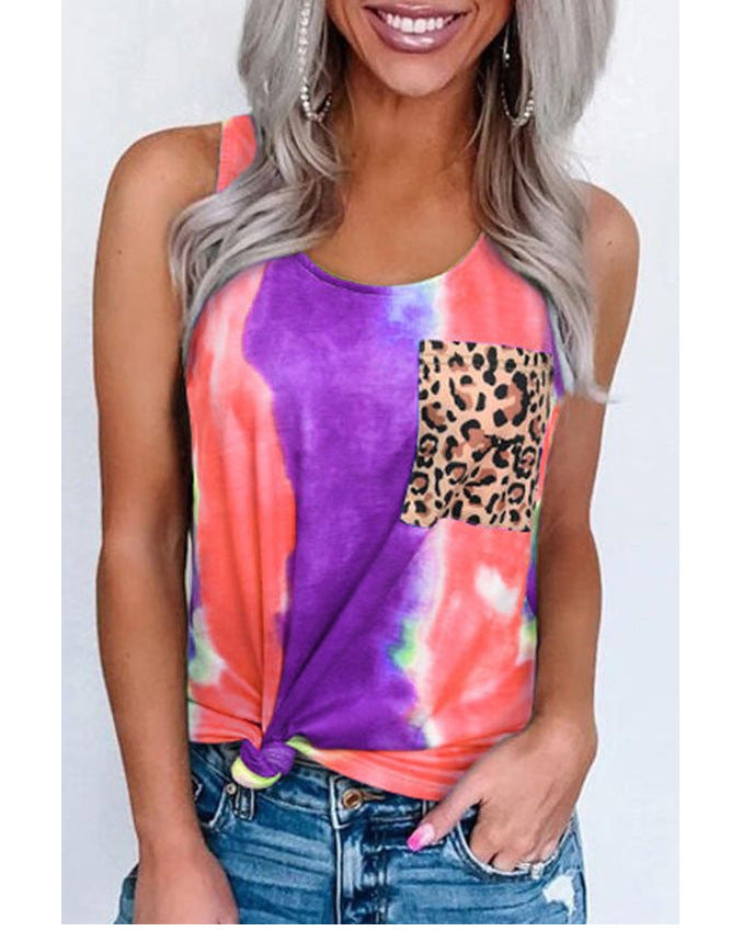 Tie Dye Leopard Sleeveless Tops Casual Round Neck Women Summer Tank Tops Wholesale With Pockets