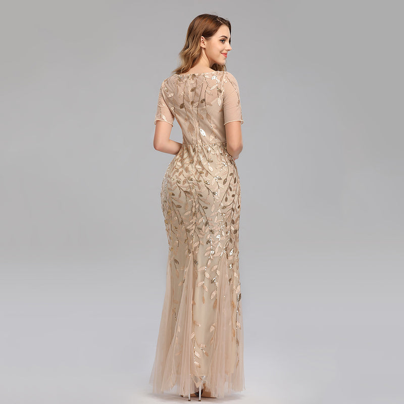 Women Slim Fit Mesh Sleeve Sequin Evening Maxi Dress Wholesale Prom Dresses