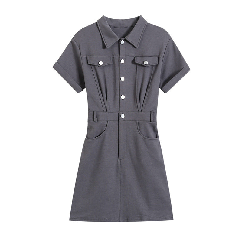 Two-Pocket Lapel Short-Sleeved Button-Down Slim-Fit Casual Dress Wholesale Dresses