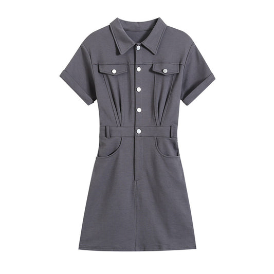 Two-Pocket Lapel Short-Sleeved Button-Down Slim-Fit Casual Dress Wholesale Dresses