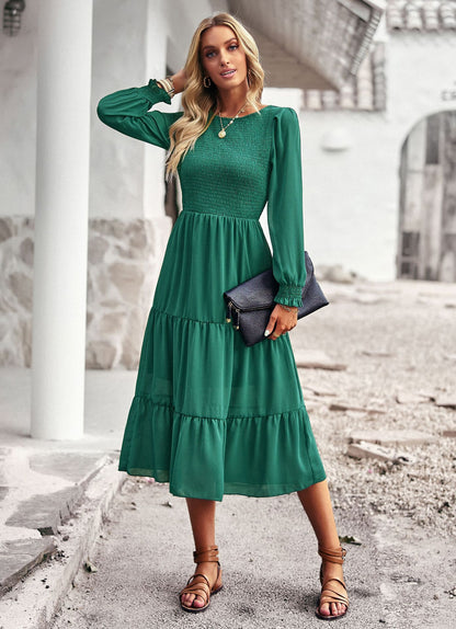 Solid Color Long Sleeve High Waist Smocked Swing Dress Wholesale Dresses