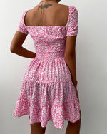 Puff Sleeve Elegant Print Tie Square Neck Mini Dress Wholesale Dresses