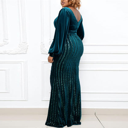 Lantern Sleeve V-Neck Party Wholesale Plus Size Maxi Dresses For St. Patrick'S Day