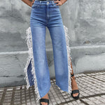 Fashion Fringed Slit Denim Trousers Wide-Leg Pants Wholesale Womens Jeans