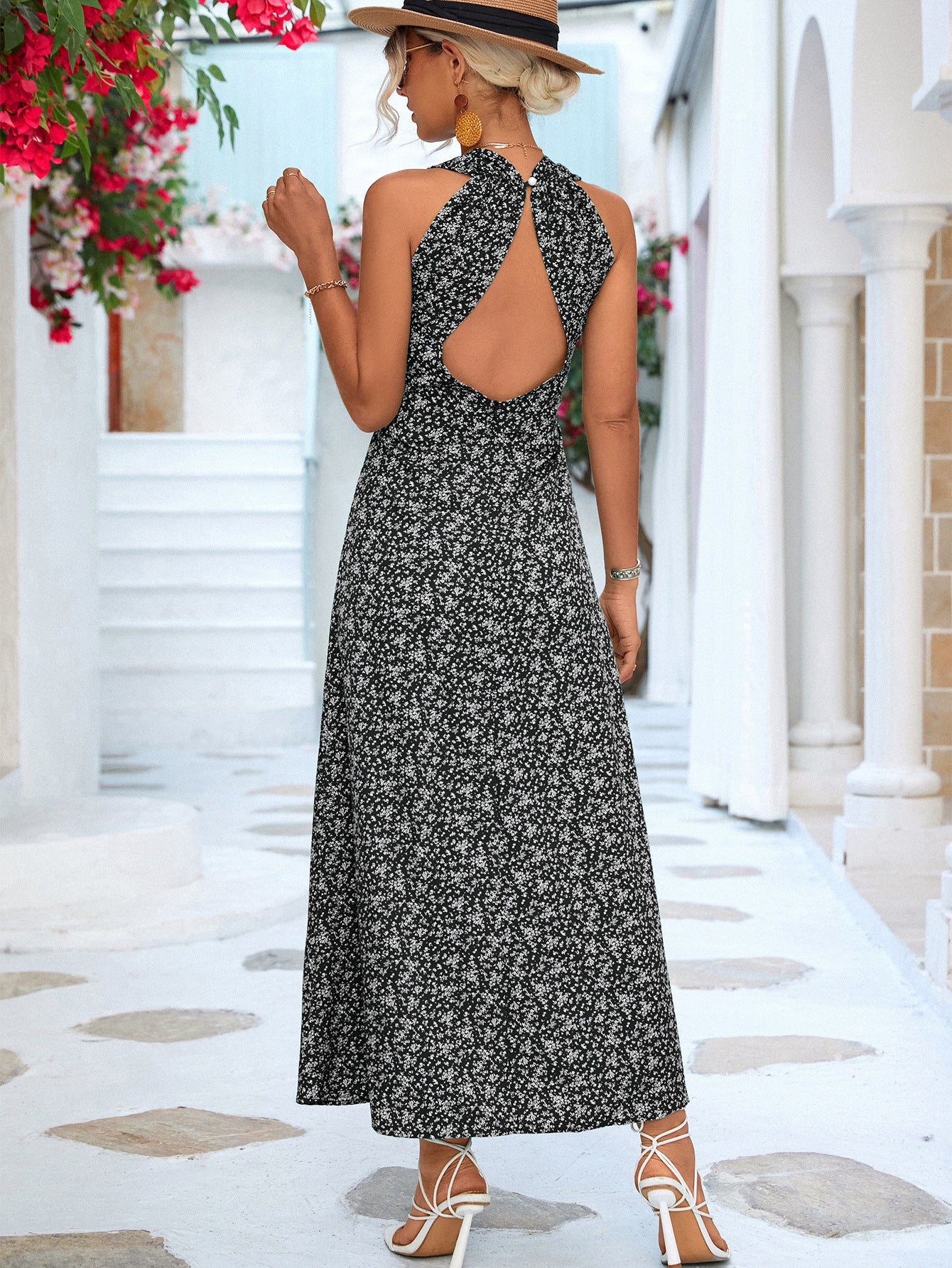 V Neck Printed Sleeveless Open Back Tank Dress Wholesale Dresses