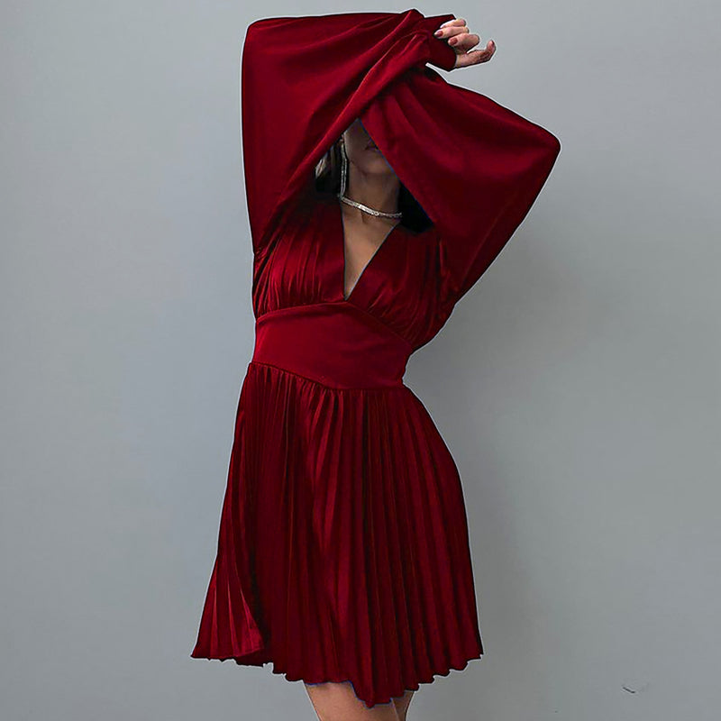 Long Sleeve Deep-V Sexy Pleated Satin Dress Wholesale Dresses