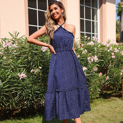 Off Shoulder Polka Dot Print Halterneck Wholesale Swing Dresses Summer