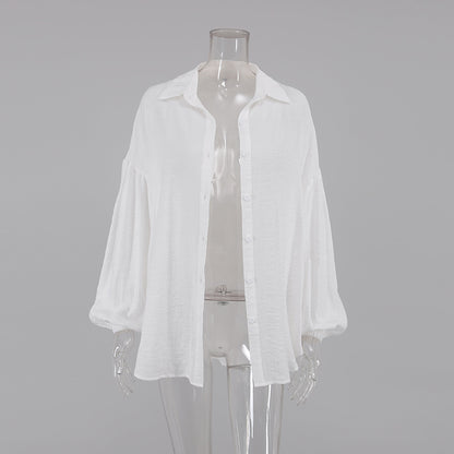 Casual Lantern Sleeve See-Through Lapel Shirt Solid Color Loose Wholesale Womens Long Sleeve T Shirts