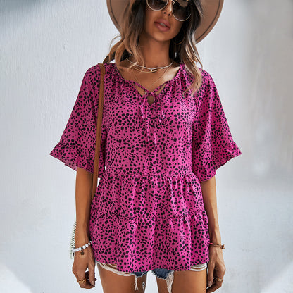 Fashion V Neck Leopard Tops Lotus Leaf Sleeves Lace Up Loose Womens T Shirts Wholesale