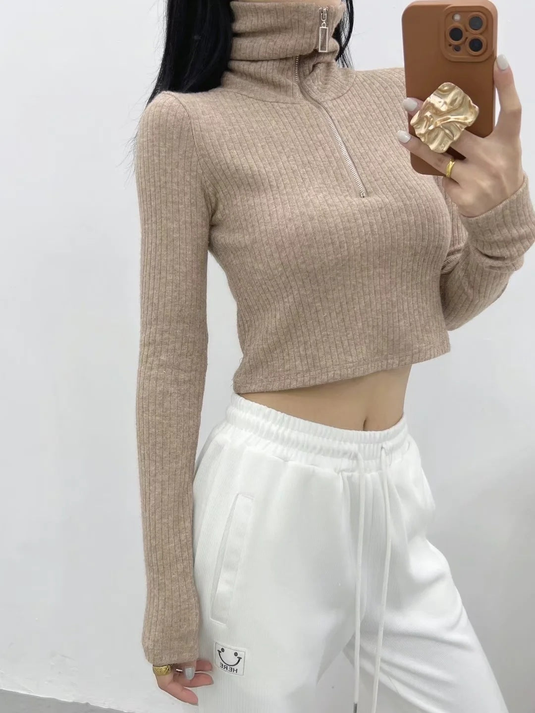 Sexy Lapel Solid Color Zipped Long Sleeve Kitted T-Shirt Wholesale Crop Tops