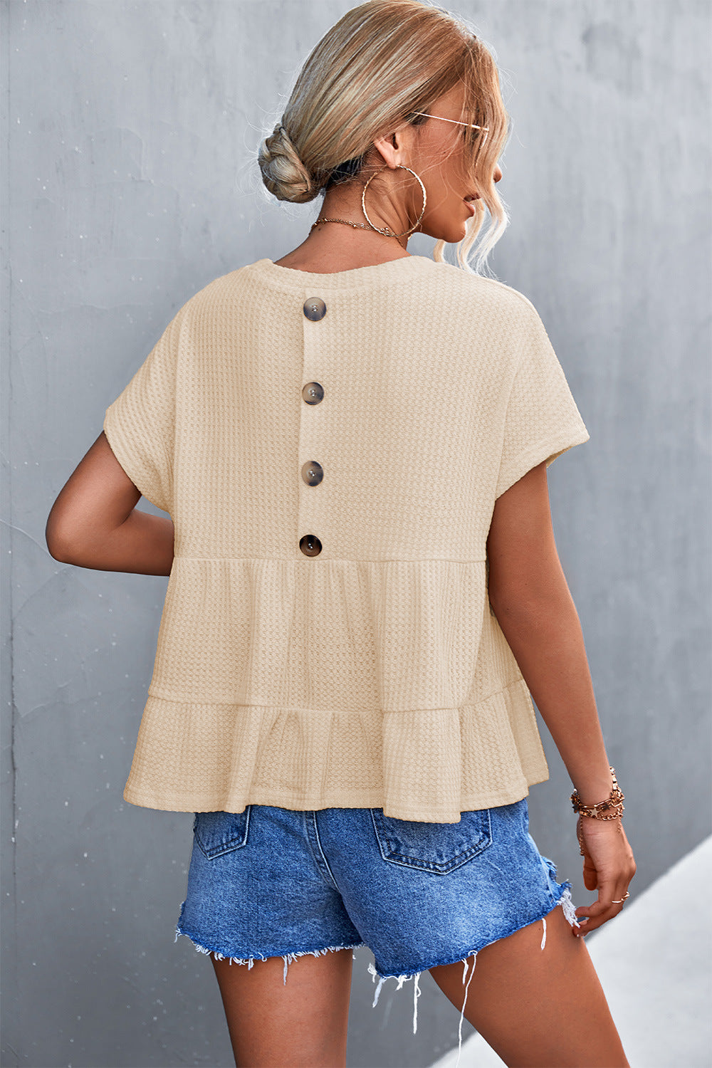 Waffle Round Neck Stitching Top Short Sleeve Solid Color Womens T Shirts Wholesale