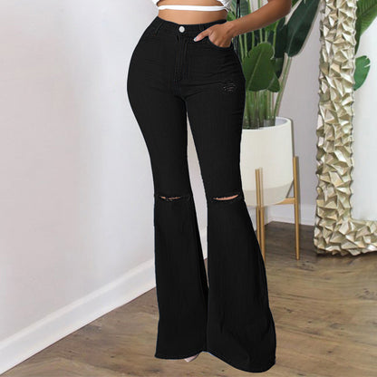 Fashion Ripped Washed High Waist Slim Wide Leg Denim Pants Wholesale Jeans