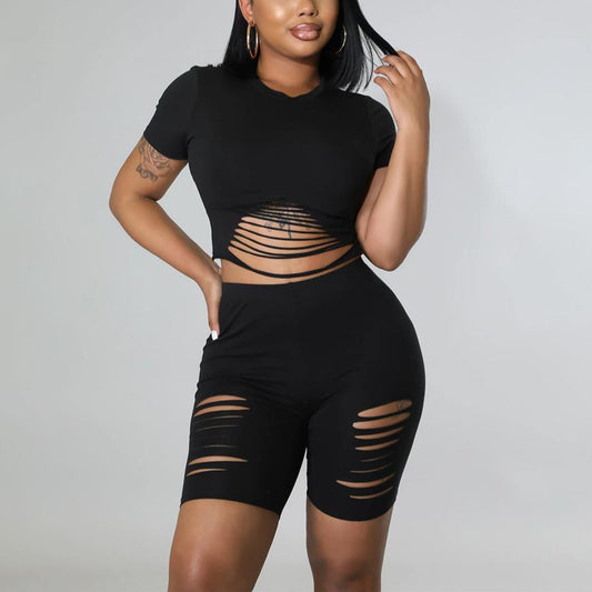 Solid Color Tight Hollow Crop Tops & Shorts Wholesale Women'S 2 Piece Sets