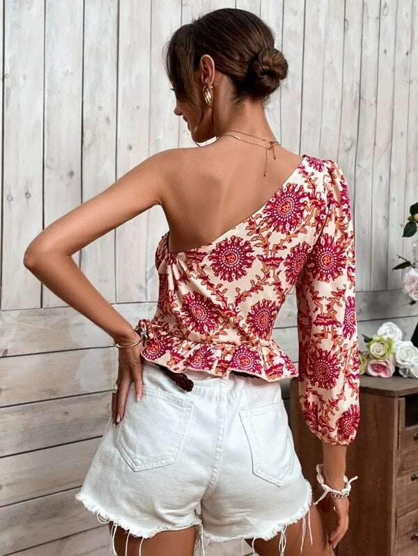 Mandala Print Balloon Sleeve Slanted Shoulder Ruffled Tie-Up Womens Shirts Fashion Wholesale Crop Tops