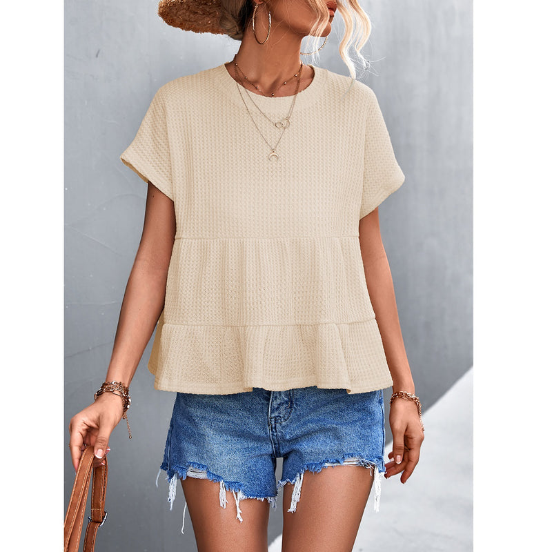 Waffle Round Neck Stitching Top Short Sleeve Solid Color Womens T Shirts Wholesale
