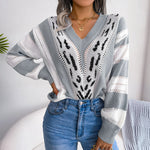V-Neck Color-Blocking Leopard-Print Long-Sleeved Knitted Sweater Wholesale Women Top