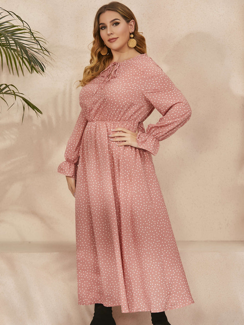 Chiffon Polka Dot Curvy Dress High Waist Long Sleeve Dresses Wholesale Plus Size Clothing