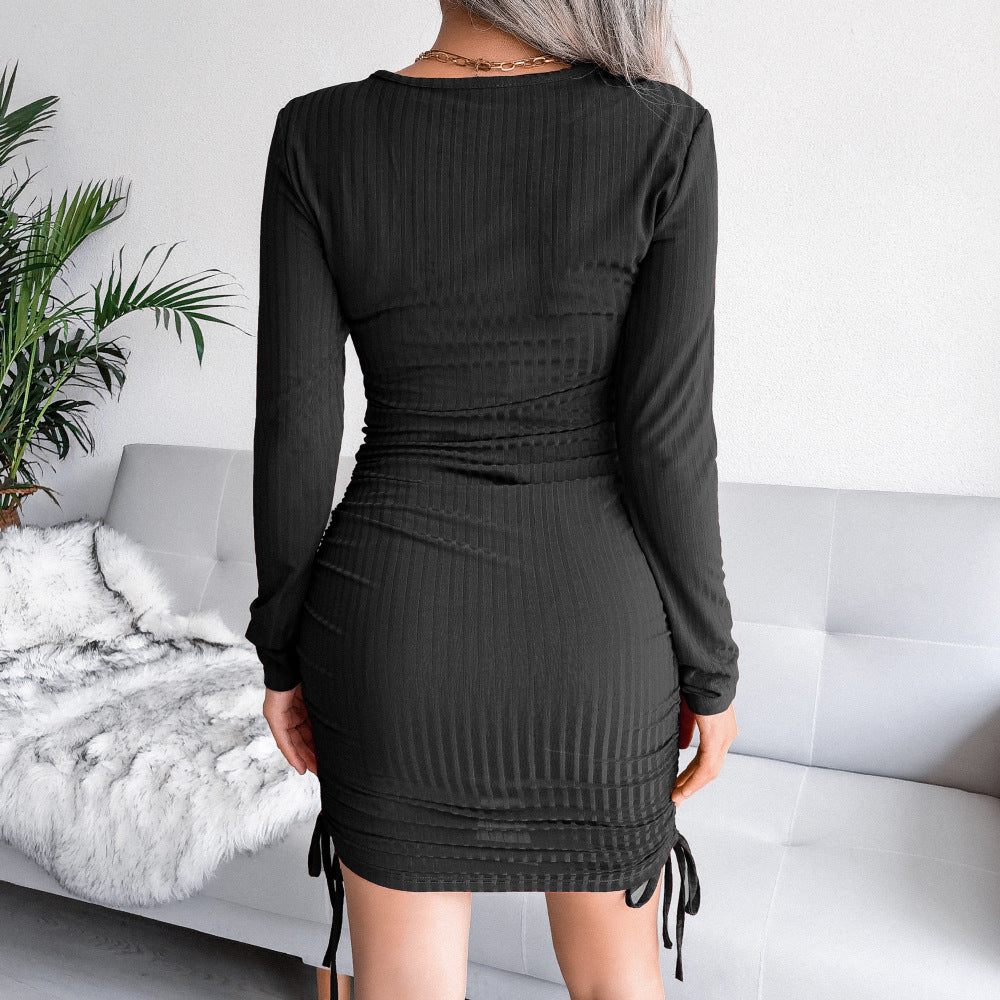 Solid Color Pit Strip Drawstring Knitted Bodycon Mini Dress Wholesale Jersey Dresses