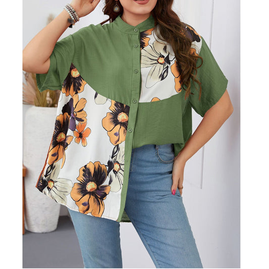 Fashion Print Single-Breasted Blouse Loose Short-Sleeve Wholesale Plus Size Clothing