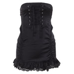 Pleated Tie Up Lace Patchwork High Waist Slim Fungus Trim Skirt