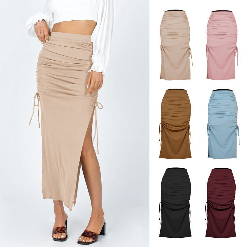 Drawstring Lace-Up Solid Color Bag Hip Skirt