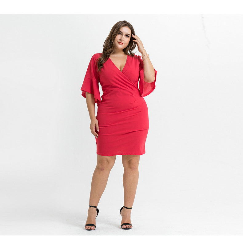 Plus Size Solid Flare Sleeve Low Cut V-Neck Slim Short Dress