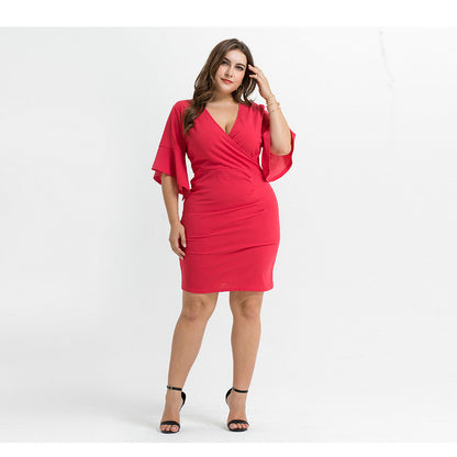 Plus Size Solid Flare Sleeve Low Cut V-Neck Slim Short Dress