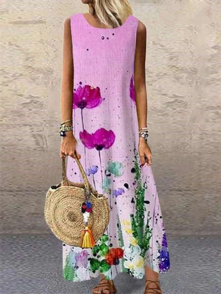 Floral Printed Sleeveless Casual Wholesale Maxi Dresses Round Neck Vacation Dresses