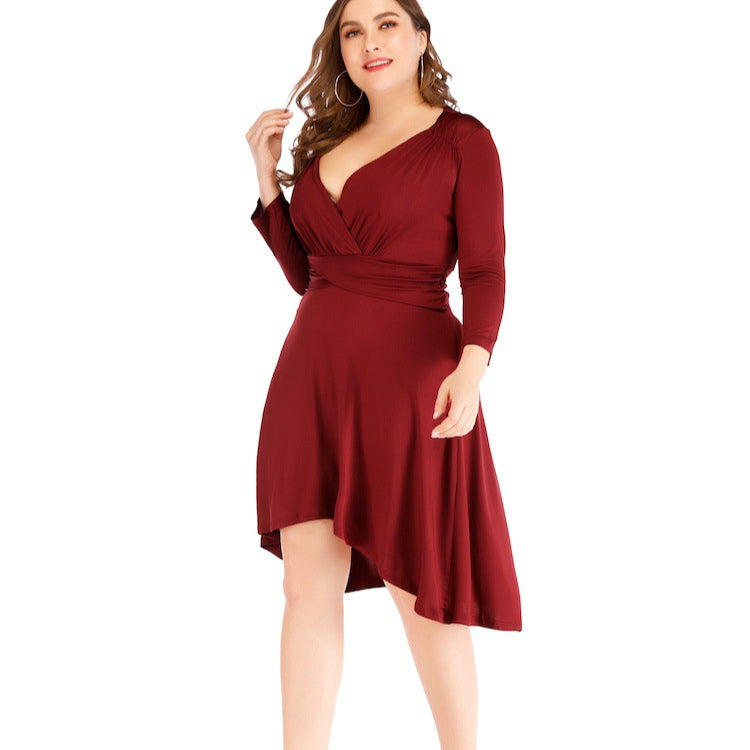 V-Neck Long Sleeve Waist Ruched Curvy Dresses Wholesale Plus Size Clothing