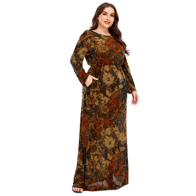 Floral Print Round Neck Retro Curvy Dresses Wholesale Plus Size Clothing